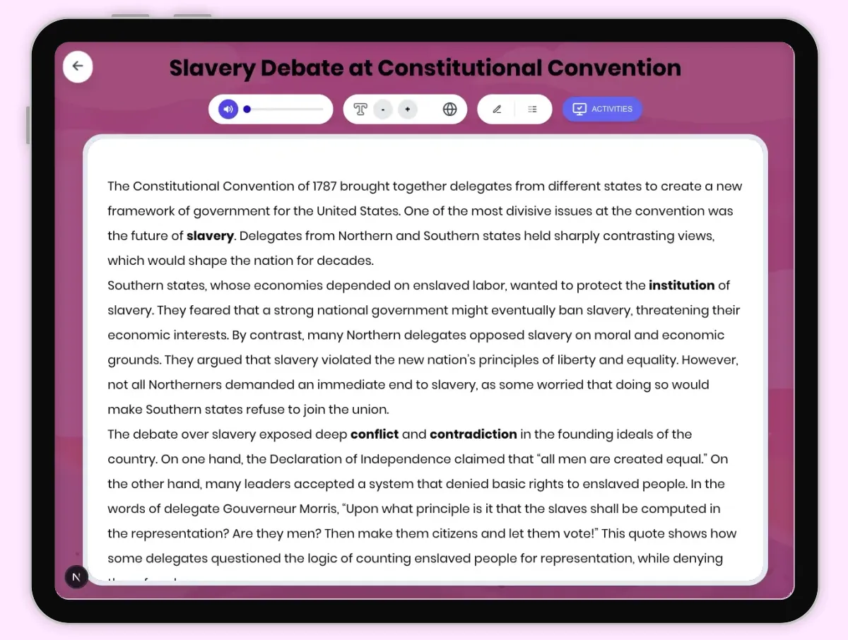 Interactive — Reading Comprehension preview: Slavery Debate at Constitutional Convention covering D2.HIS.2.3-5, D2.HIS.3.3-5, RI.4.3, RI.4.4, W.4.2 standards - Page 1 of 1