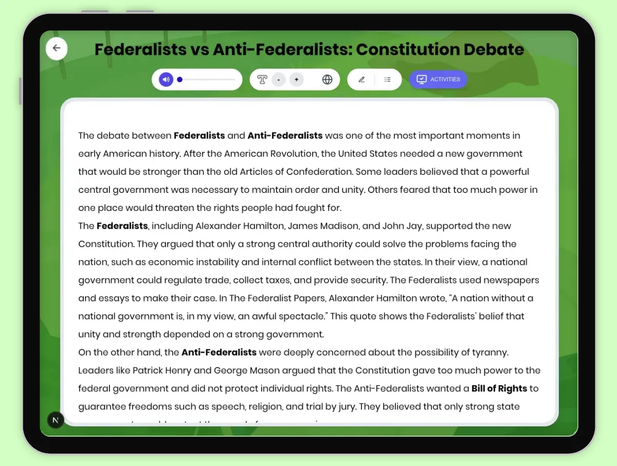 Interactive — Reading Comprehension preview: Federalists vs Anti-Federalists: Constitution Debate covering D2.HIS.2.3-5, D2.HIS.3.3-5, RI.4.3, RI.4.4, W.4.2 standards - Page 1 of 1
