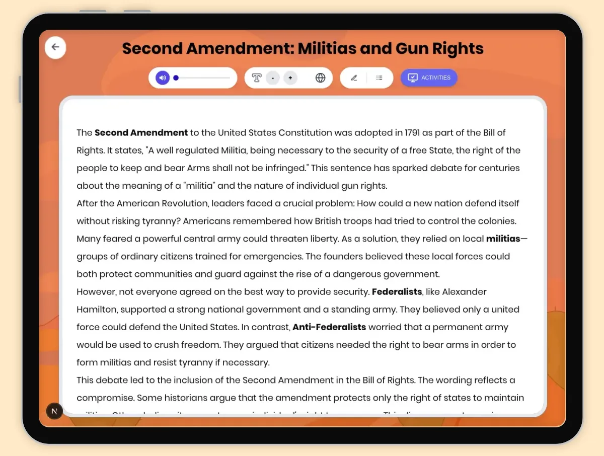 Interactive — Reading Comprehension preview: Second Amendment: Militias and Gun Rights covering D2.HIS.2.3-5, D2.HIS.3.3-5, RI.4.3, RI.4.4, W.4.2 standards - Page 1 of 1
