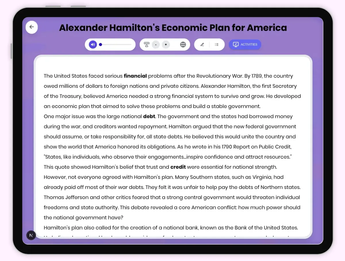 Interactive — Reading Comprehension preview: Alexander Hamilton's Economic Plan for America covering D2.HIS.2.3-5, D2.HIS.3.3-5, RI.4.3, RI.4.4, W.4.2 standards - Page 1 of 1