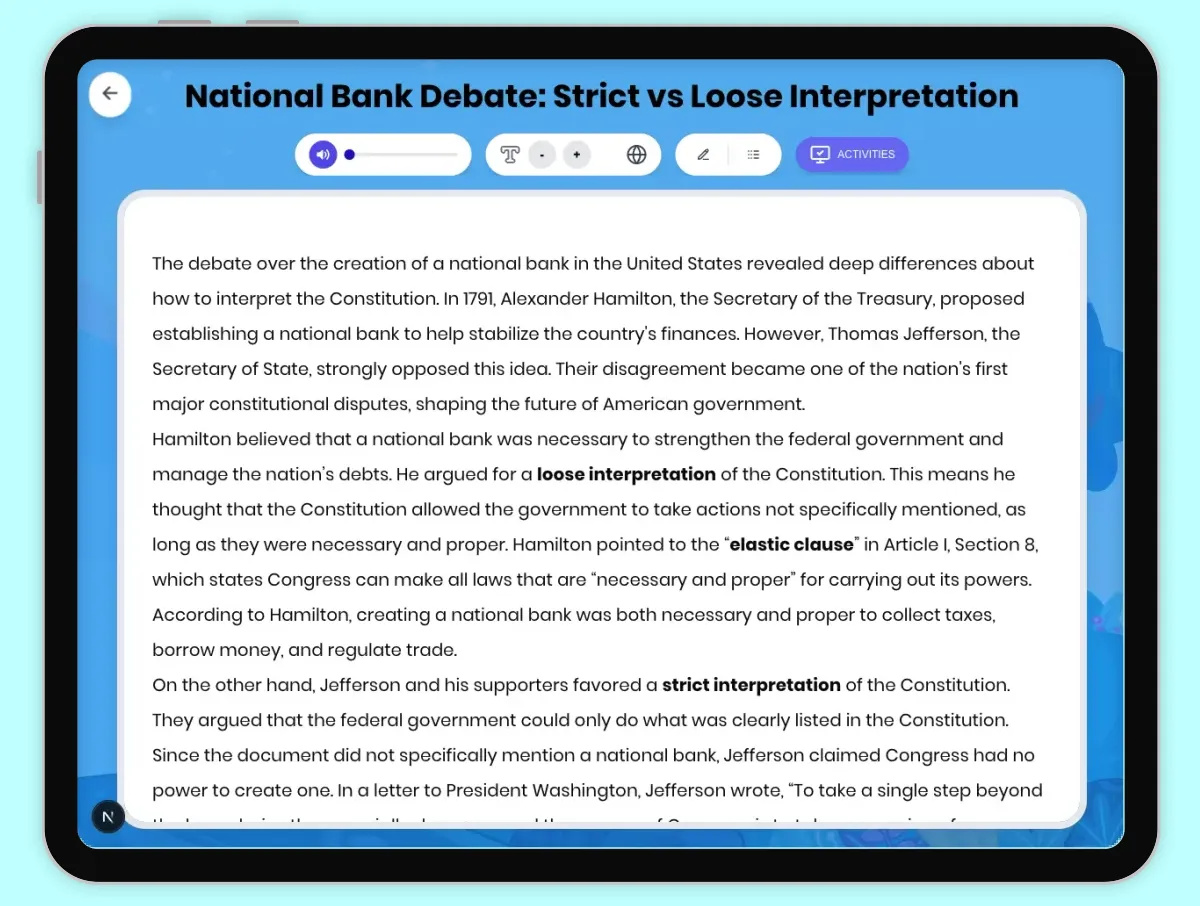 Interactive — Reading Comprehension preview: National Bank Debate: Strict vs Loose Interpretation covering D2.HIS.2.3-5, D2.HIS.3.3-5, RI.4.3, RI.4.4, W.4.2 standards - Page 1 of 1