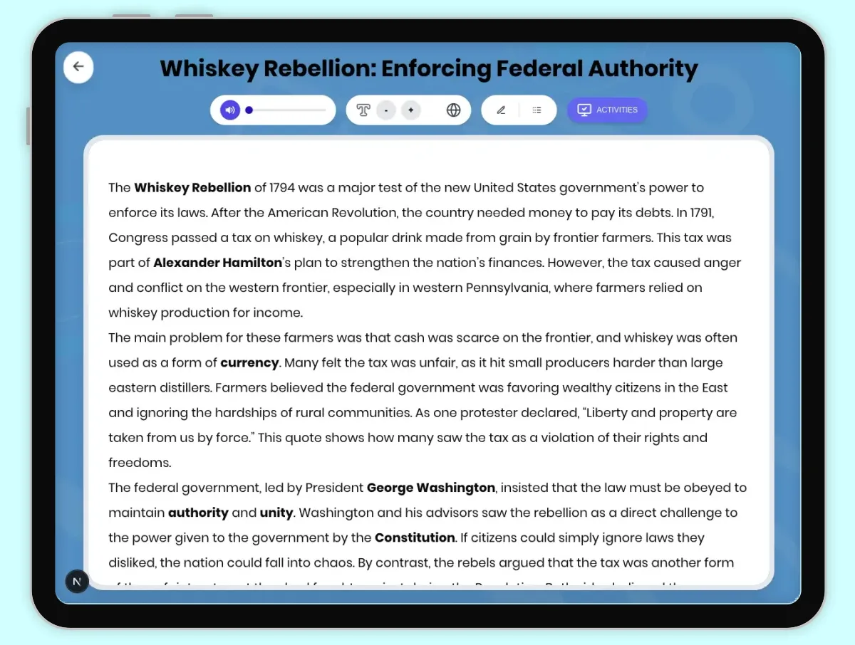 Interactive — Reading Comprehension preview: Whiskey Rebellion: Enforcing Federal Authority covering D2.HIS.2.3-5, D2.HIS.3.3-5, RI.4.3, RI.4.4, W.4.2 standards - Page 1 of 1