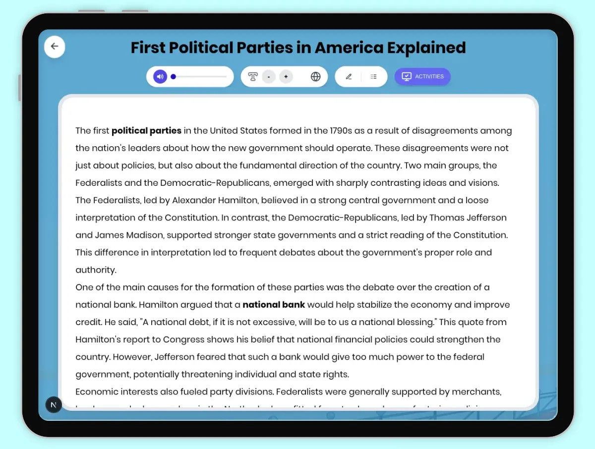 Interactive — Reading Comprehension preview: First Political Parties in America Explained covering D2.HIS.2.3-5, D2.HIS.3.3-5, RI.4.3, RI.4.4, W.4.2 standards - Page 1 of 1