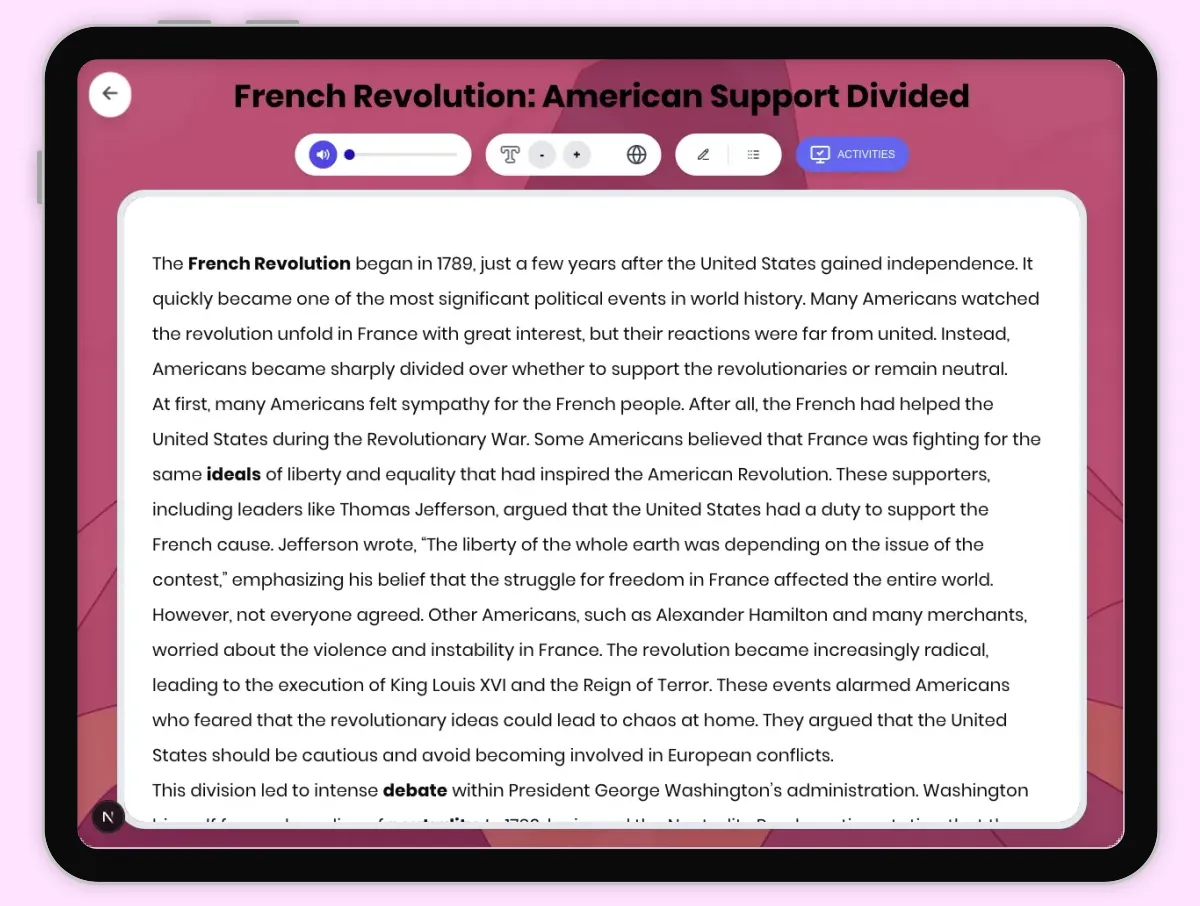 Interactive — Reading Comprehension preview: French Revolution: American Support Divided covering D2.HIS.2.3-5, D2.HIS.3.3-5, RI.4.3, RI.4.4, W.4.2 standards - Page 1 of 1