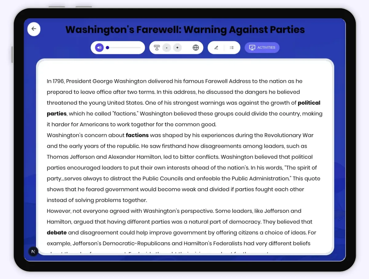 Interactive — Reading Comprehension preview: Washington's Farewell: Warning Against Parties covering D2.HIS.2.3-5, D2.HIS.3.3-5, RI.4.3, RI.4.4, W.4.2 standards - Page 1 of 1