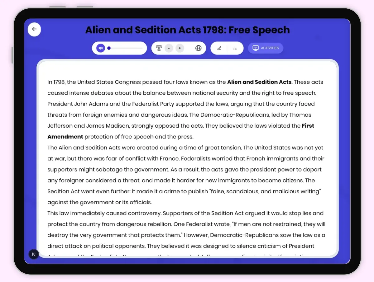 Interactive — Reading Comprehension preview: Alien and Sedition Acts 1798: Free Speech covering D2.HIS.2.3-5, D2.HIS.3.3-5, RI.4.3, RI.4.4, W.4.2 standards - Page 1 of 1