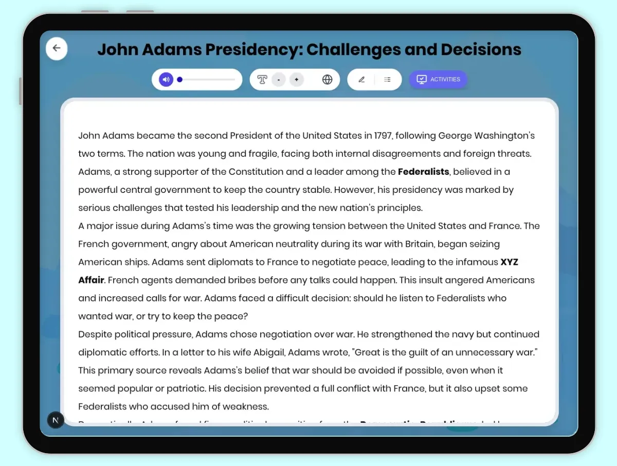 Interactive — Reading Comprehension preview: John Adams Presidency: Challenges and Decisions covering D2.HIS.2.3-5, D2.HIS.3.3-5, RI.4.3, RI.4.4, W.4.2 standards - Page 1 of 1