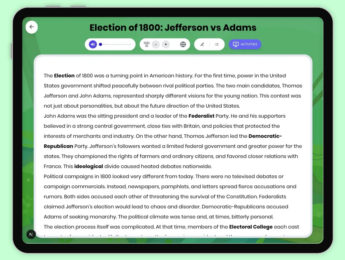 Interactive — Reading Comprehension preview: Election of 1800: Jefferson vs Adams covering D2.HIS.2.3-5, D2.HIS.3.3-5, RI.4.3, RI.4.4, W.4.2 standards - Page 1 of 1