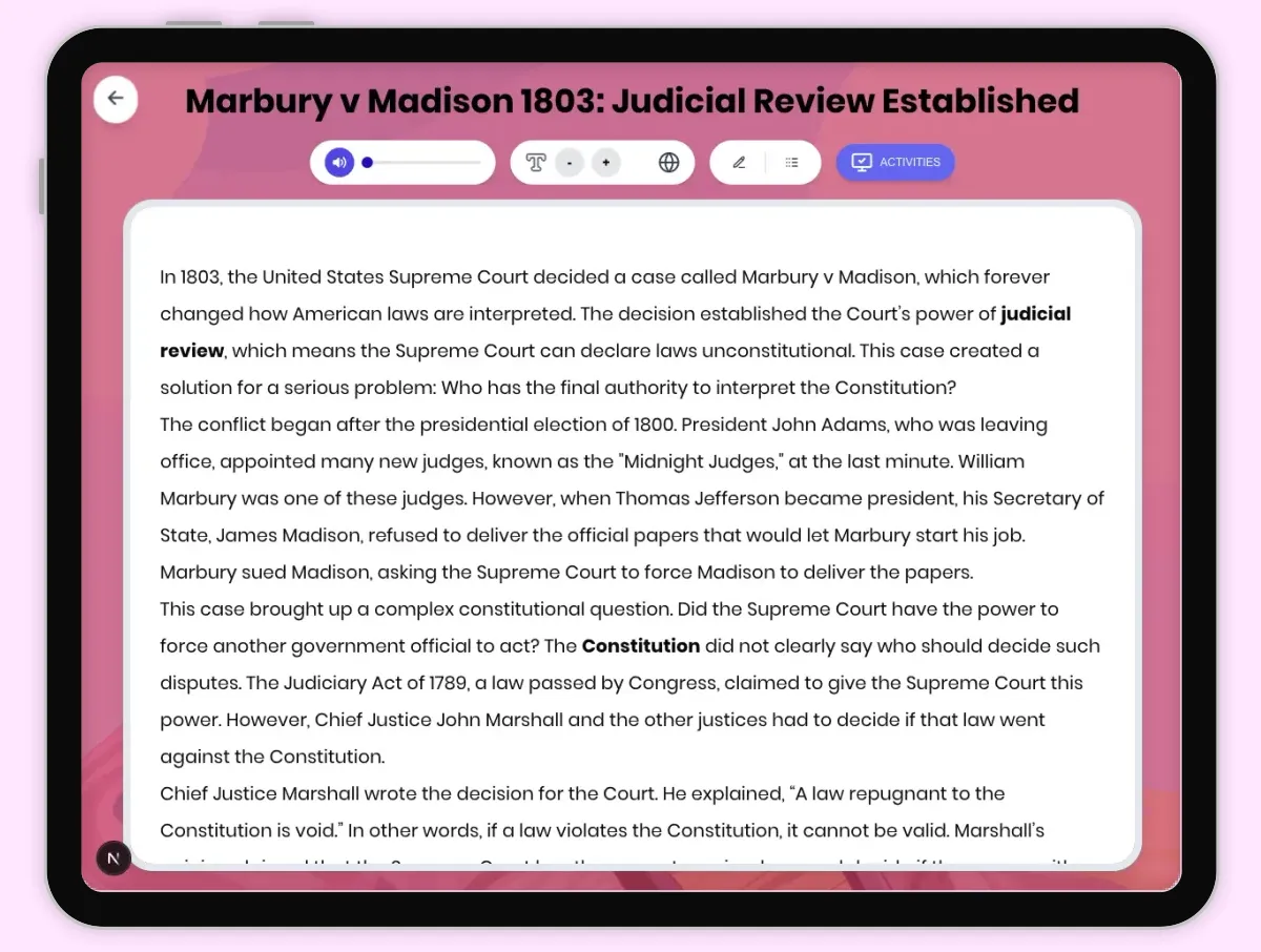 Interactive — Reading Comprehension preview: Marbury v Madison 1803: Judicial Review Established covering D2.HIS.2.3-5, D2.HIS.3.3-5, RI.4.3, RI.4.4, W.4.2 standards - Page 1 of 1