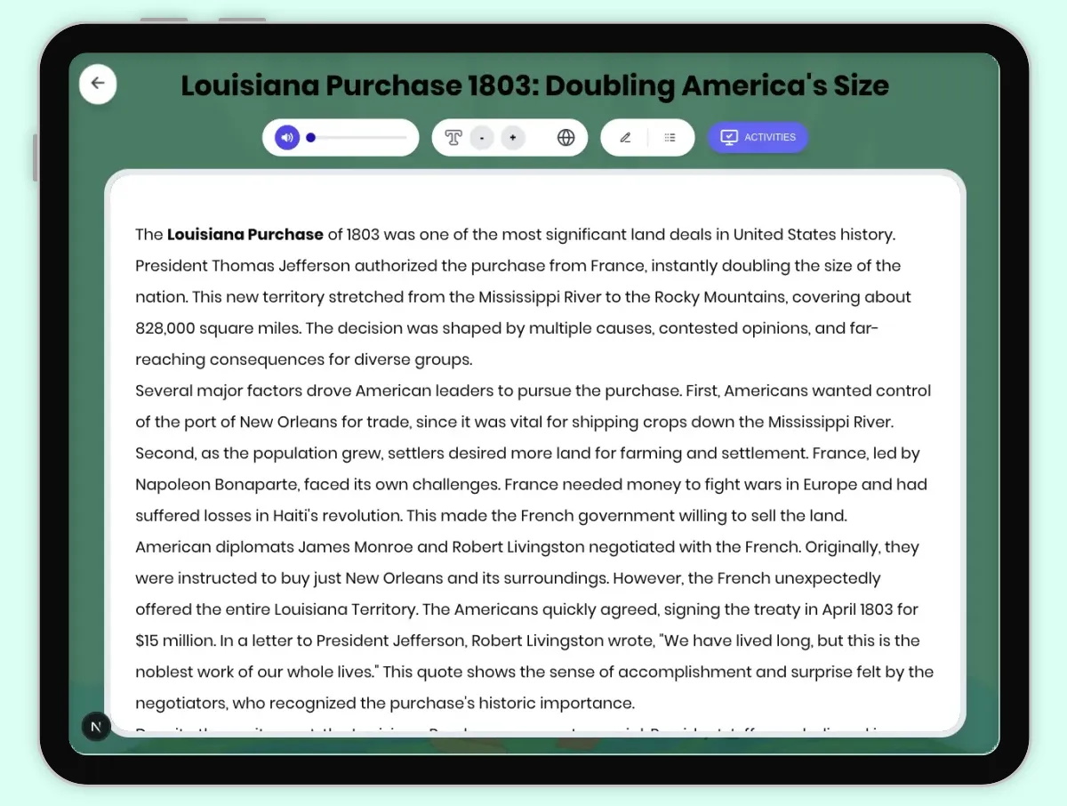 Interactive — Reading Comprehension preview: Louisiana Purchase 1803: Doubling America's Size covering D2.HIS.2.3-5, D2.HIS.3.3-5, RI.4.3, RI.4.4, W.4.2 standards - Page 1 of 1