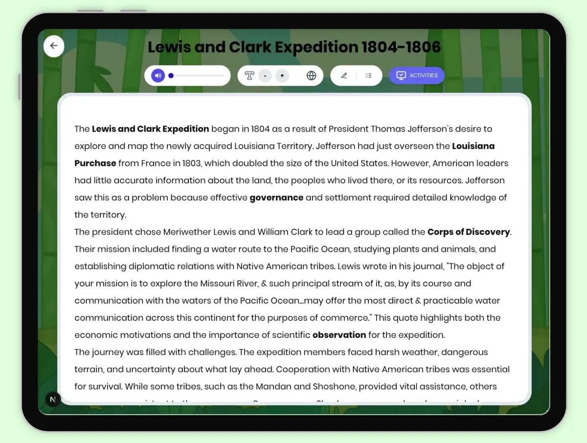 Interactive — Reading Comprehension preview: Lewis and Clark Expedition 1804-1806 covering D2.HIS.2.3-5, D2.HIS.3.3-5, RI.4.3, RI.4.4, W.4.2 standards - Page 1 of 1