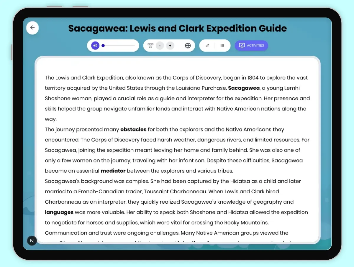 Interactive — Reading Comprehension preview: Sacagawea: Lewis and Clark Expedition Guide covering D2.HIS.2.3-5, D2.HIS.3.3-5, RI.4.3, RI.4.4, W.4.2 standards - Page 1 of 1