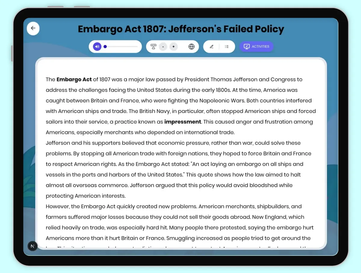 Interactive — Reading Comprehension preview: Embargo Act 1807: Jefferson's Failed Policy covering D2.HIS.2.3-5, D2.HIS.3.3-5, RI.4.3, RI.4.4, W.4.2 standards - Page 1 of 1
