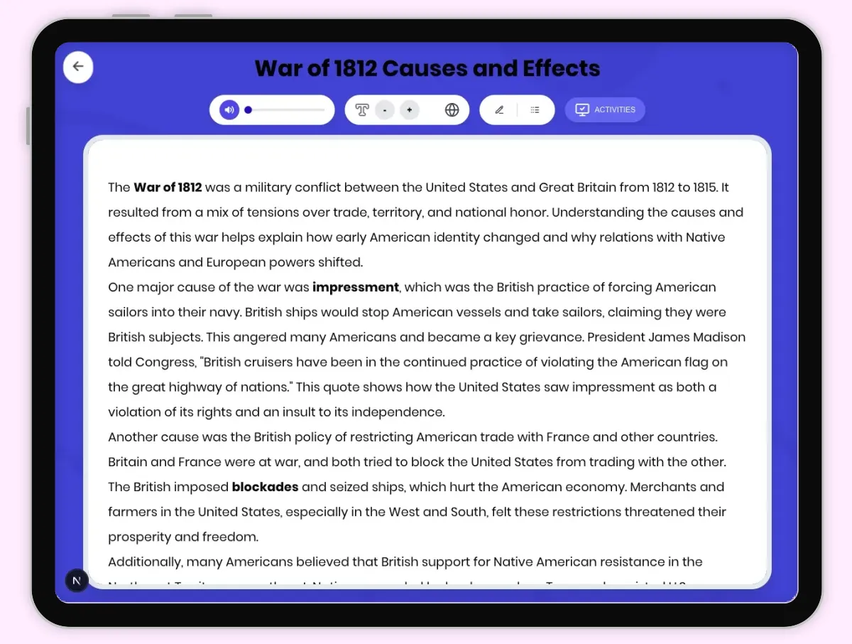 Interactive — Reading Comprehension preview: War of 1812 Causes and Effects covering D2.HIS.2.3-5, D2.HIS.3.3-5, RI.4.3, RI.4.4, W.4.2 standards - Page 1 of 1