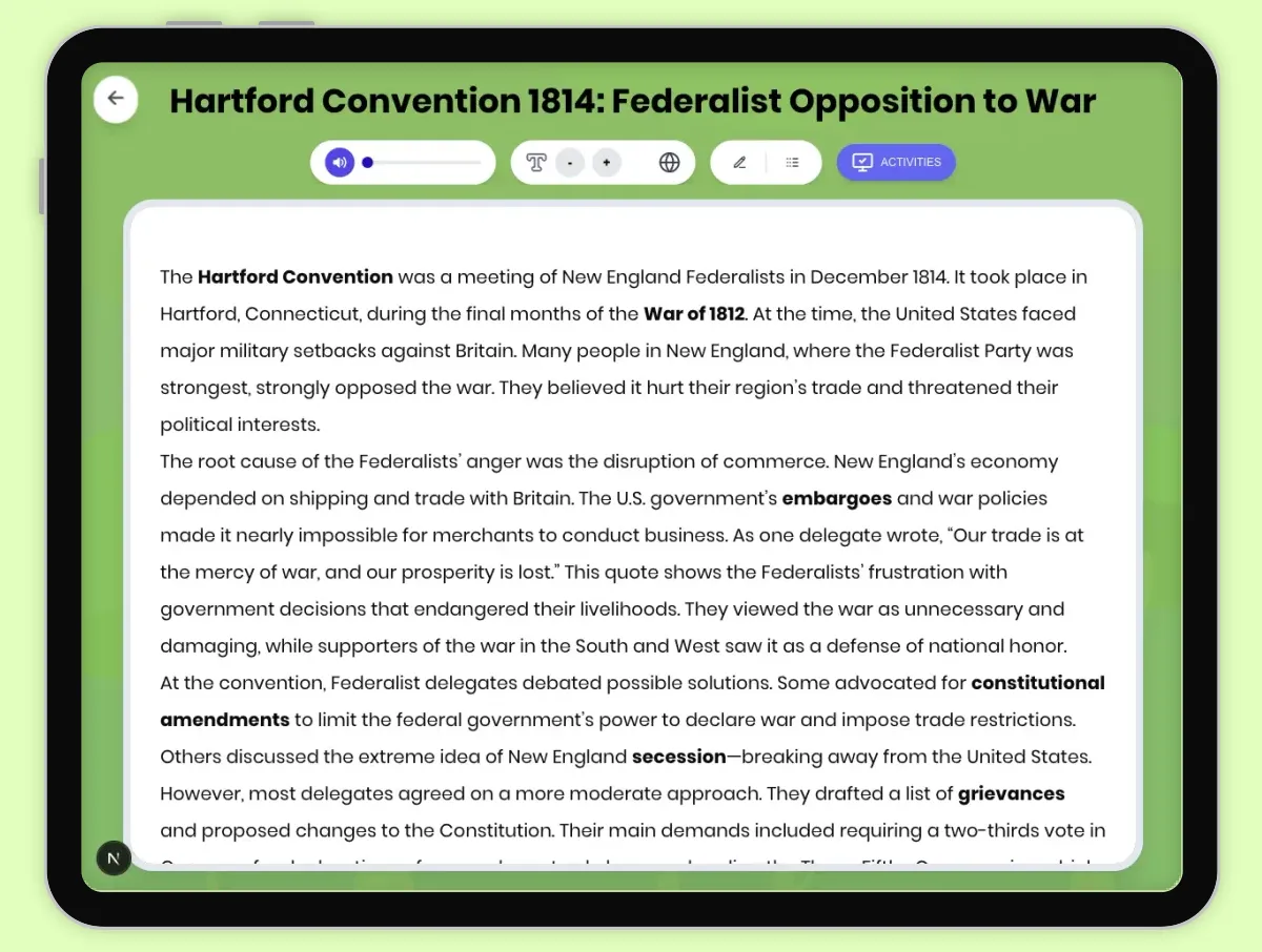 Interactive — Reading Comprehension preview: Hartford Convention 1814: Federalist Opposition to War covering D2.HIS.2.3-5, D2.HIS.3.3-5, RI.4.3, RI.4.4, W.4.2 standards - Page 1 of 1