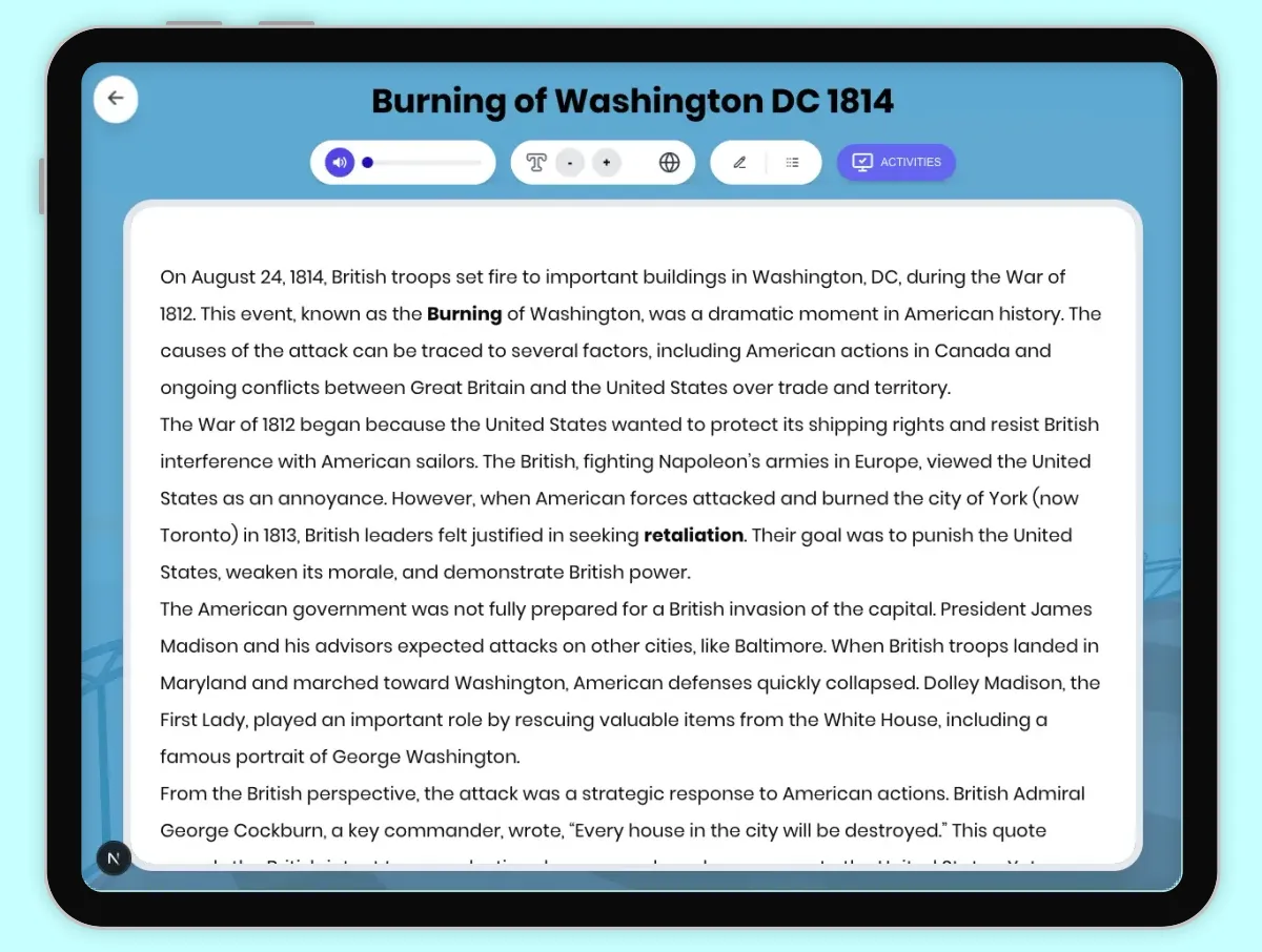 Interactive — Reading Comprehension preview: Burning of Washington DC 1814 covering D2.HIS.2.3-5, D2.HIS.3.3-5, RI.4.3, RI.4.4, W.4.2 standards - Page 1 of 1