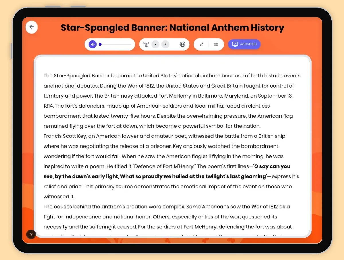 Interactive — Reading Comprehension preview: Star-Spangled Banner: National Anthem History covering D2.HIS.2.3-5, D2.HIS.3.3-5, RI.4.3, RI.4.4, W.4.2 standards - Page 1 of 1