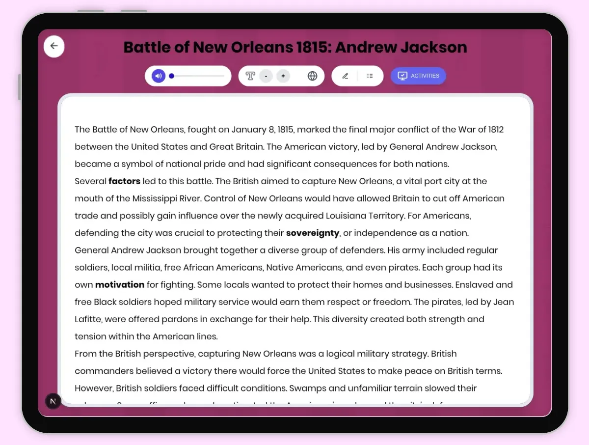 Interactive — Reading Comprehension preview: Battle of New Orleans 1815: Andrew Jackson covering D2.HIS.2.3-5, D2.HIS.3.3-5, RI.4.3, RI.4.4, W.4.2 standards - Page 1 of 1