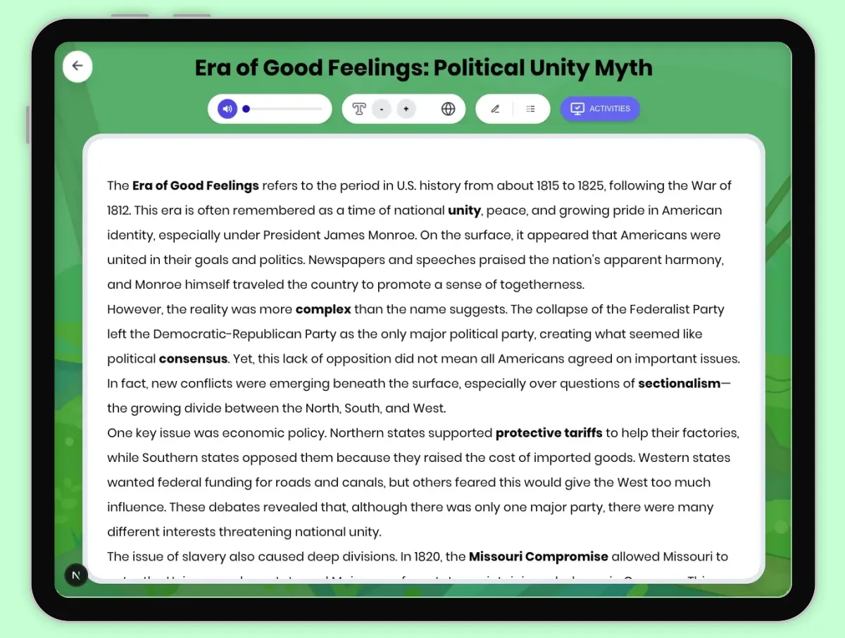Interactive — Reading Comprehension preview: Era of Good Feelings: Political Unity Myth covering D2.HIS.2.3-5, D2.HIS.3.3-5, RI.4.3, RI.4.4, W.4.2 standards - Page 1 of 1