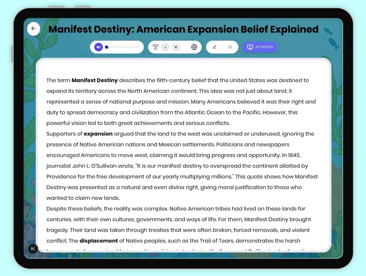 Interactive — Reading Comprehension preview: Manifest Destiny: American Expansion Belief Explained covering D2.HIS.2.3-5, D2.HIS.3.3-5, RI.4.3, RI.4.4, W.4.2 standards - Page 1 of 1