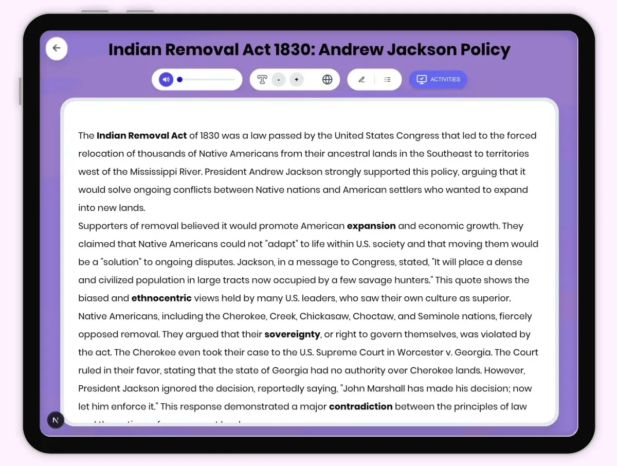 Interactive — Reading Comprehension preview: Indian Removal Act 1830: Andrew Jackson Policy covering D2.HIS.2.3-5, D2.HIS.3.3-5, RI.4.3, RI.4.4, W.4.2 standards - Page 1 of 1