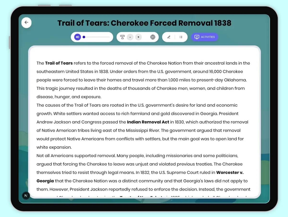 Interactive — Reading Comprehension preview: Trail of Tears: Cherokee Forced Removal 1838 covering D2.HIS.2.3-5, D2.HIS.3.3-5, RI.4.3, RI.4.4, W.4.2 standards - Page 1 of 1