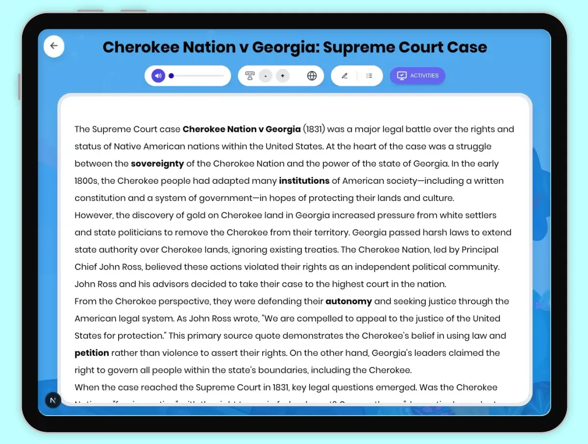 Interactive — Reading Comprehension preview: Cherokee Nation v Georgia: Supreme Court Case covering D2.HIS.2.3-5, D2.HIS.3.3-5, RI.4.3, RI.4.4, W.4.2 standards - Page 1 of 1