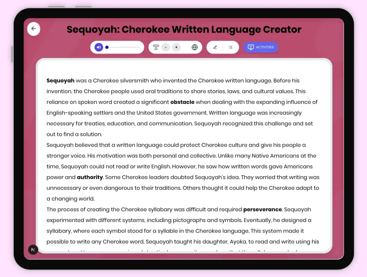 Interactive — Reading Comprehension preview: Sequoyah: Cherokee Written Language Creator covering D2.HIS.2.3-5, D2.HIS.3.3-5, RI.4.3, RI.4.4, W.4.2 standards - Page 1 of 1