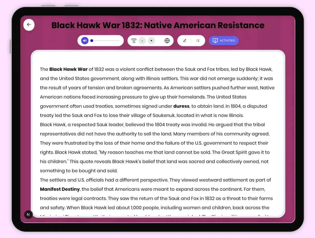 Interactive — Reading Comprehension preview: Black Hawk War 1832: Native American Resistance covering D2.HIS.2.3-5, D2.HIS.3.3-5, RI.4.3, RI.4.4, W.4.2 standards - Page 1 of 1