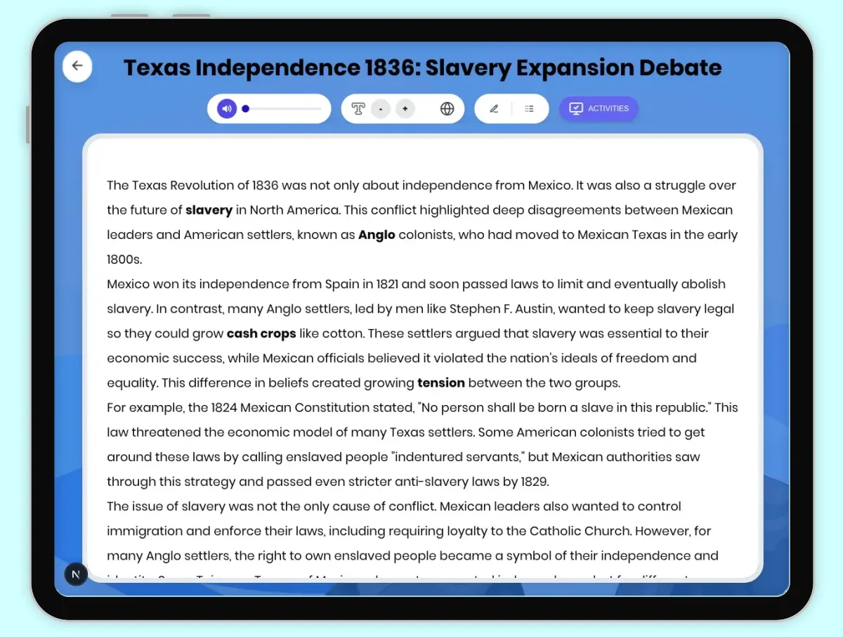 Interactive — Reading Comprehension preview: Texas Independence 1836: Slavery Expansion Debate covering D2.HIS.2.3-5, D2.HIS.3.3-5, RI.4.3, RI.4.4, W.4.2 standards - Page 1 of 1