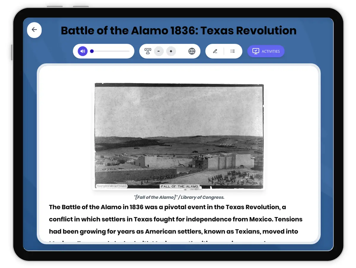 Interactive — Reading Comprehension preview: Battle of the Alamo 1836 covering D2.HIS.2.3-5, D2.HIS.3.3-5, RI.6.3, RI.6.4, W.6.2 standards - Page 1 of 1