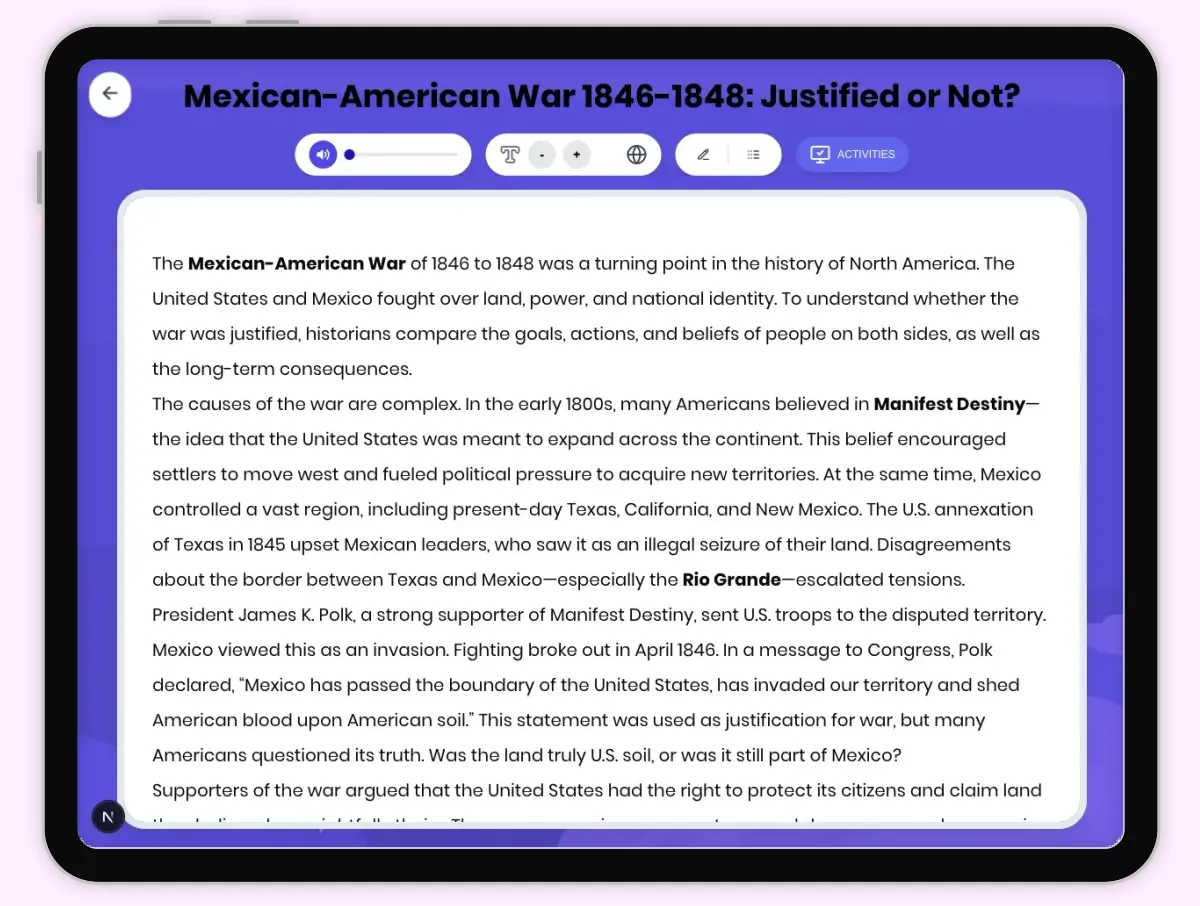 Interactive — Reading Comprehension preview: Mexican-American War 1846-1848: Justified or Not? covering D2.HIS.2.3-5, D2.HIS.3.3-5, RI.4.3, RI.4.4, W.4.2 standards - Page 1 of 1