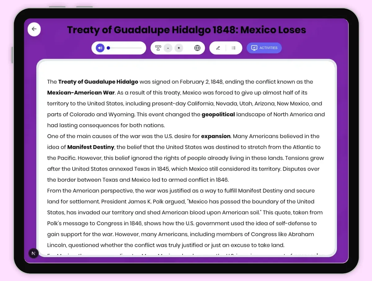 Interactive — Reading Comprehension preview: Treaty of Guadalupe Hidalgo 1848: Mexico Loses covering D2.HIS.2.3-5, D2.HIS.3.3-5, RI.4.3, RI.4.4, W.4.2 standards - Page 1 of 1