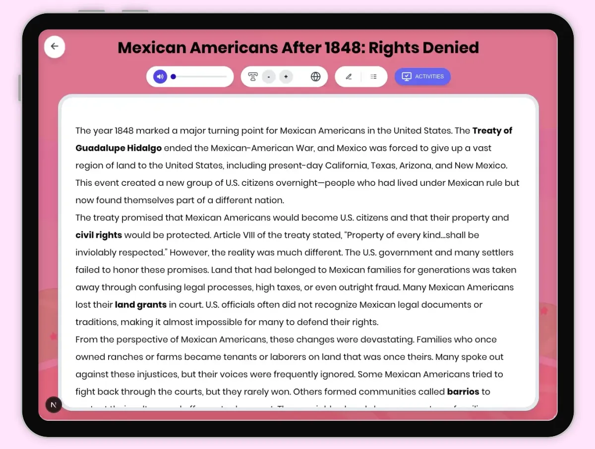 Interactive — Reading Comprehension preview: Mexican Americans After 1848: Rights Denied covering D2.HIS.2.3-5, D2.HIS.3.3-5, RI.4.3, RI.4.4, W.4.2 standards - Page 1 of 1