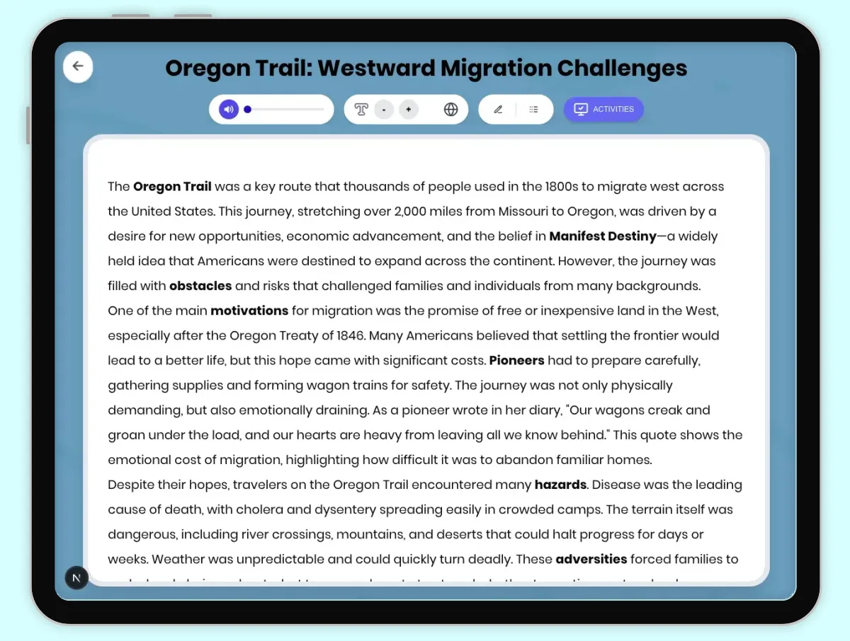 Interactive — Reading Comprehension preview: Oregon Trail: Westward Migration Challenges covering D2.HIS.2.3-5, D2.HIS.3.3-5, RI.4.3, RI.4.4, W.4.2 standards - Page 1 of 1