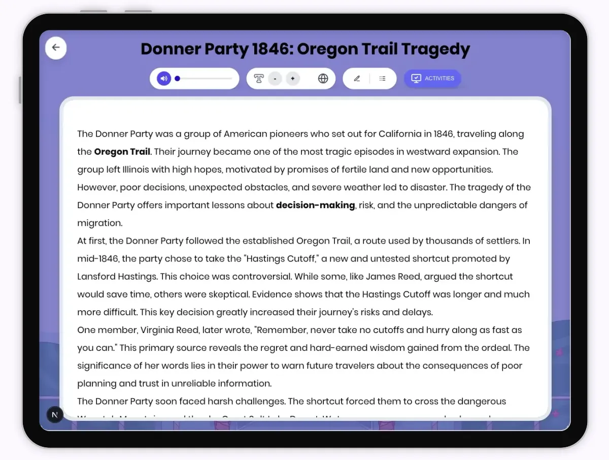 Interactive — Reading Comprehension preview: Donner Party 1846: Oregon Trail Tragedy covering D2.HIS.2.3-5, D2.HIS.3.3-5, RI.4.3, RI.4.4, W.4.2 standards - Page 1 of 1