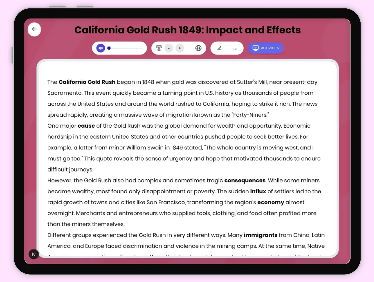 Interactive — Reading Comprehension preview: California Gold Rush 1849: Impact and Effects covering D2.HIS.2.3-5, D2.HIS.3.3-5, RI.4.3, RI.4.4, W.4.2 standards - Page 1 of 1