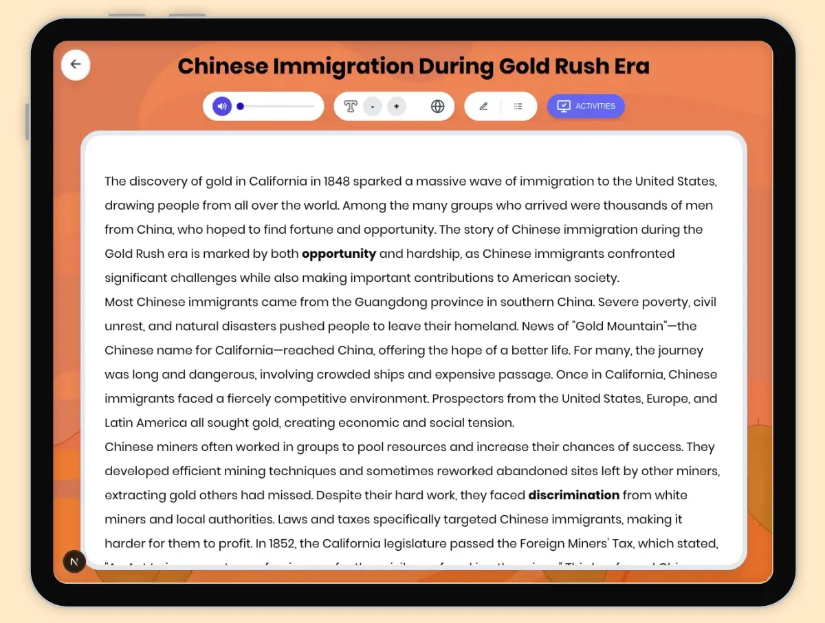 Interactive — Reading Comprehension preview: Chinese Immigration During Gold Rush Era covering D2.HIS.2.3-5, D2.HIS.3.3-5, RI.4.3, RI.4.4, W.4.2 standards - Page 1 of 1