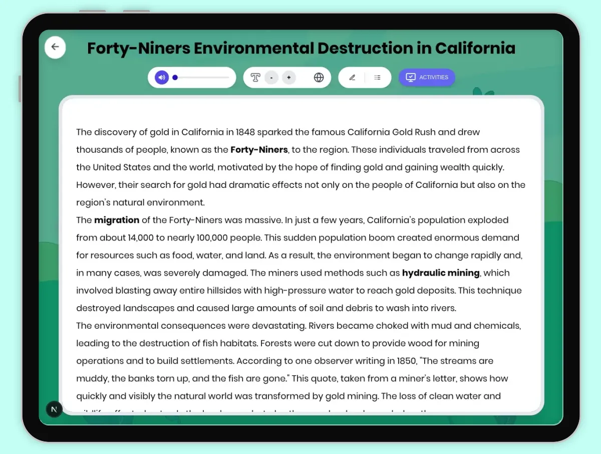 Interactive — Reading Comprehension preview: Forty-Niners Environmental Destruction in California covering D2.HIS.2.3-5, D2.HIS.3.3-5, RI.4.3, RI.4.4, W.4.2 standards - Page 1 of 1