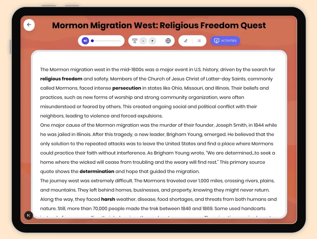 Interactive — Reading Comprehension preview: Mormon Migration West: Religious Freedom Quest covering D2.HIS.2.3-5, D2.HIS.3.3-5, RI.4.3, RI.4.4, W.4.2 standards - Page 1 of 1
