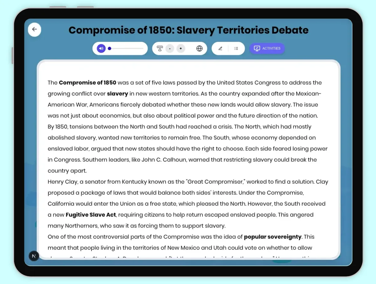 Interactive — Reading Comprehension preview: Compromise of 1850: Slavery Territories Debate covering D2.HIS.2.3-5, D2.HIS.3.3-5, RI.4.3, RI.4.4, W.4.2 standards - Page 1 of 1