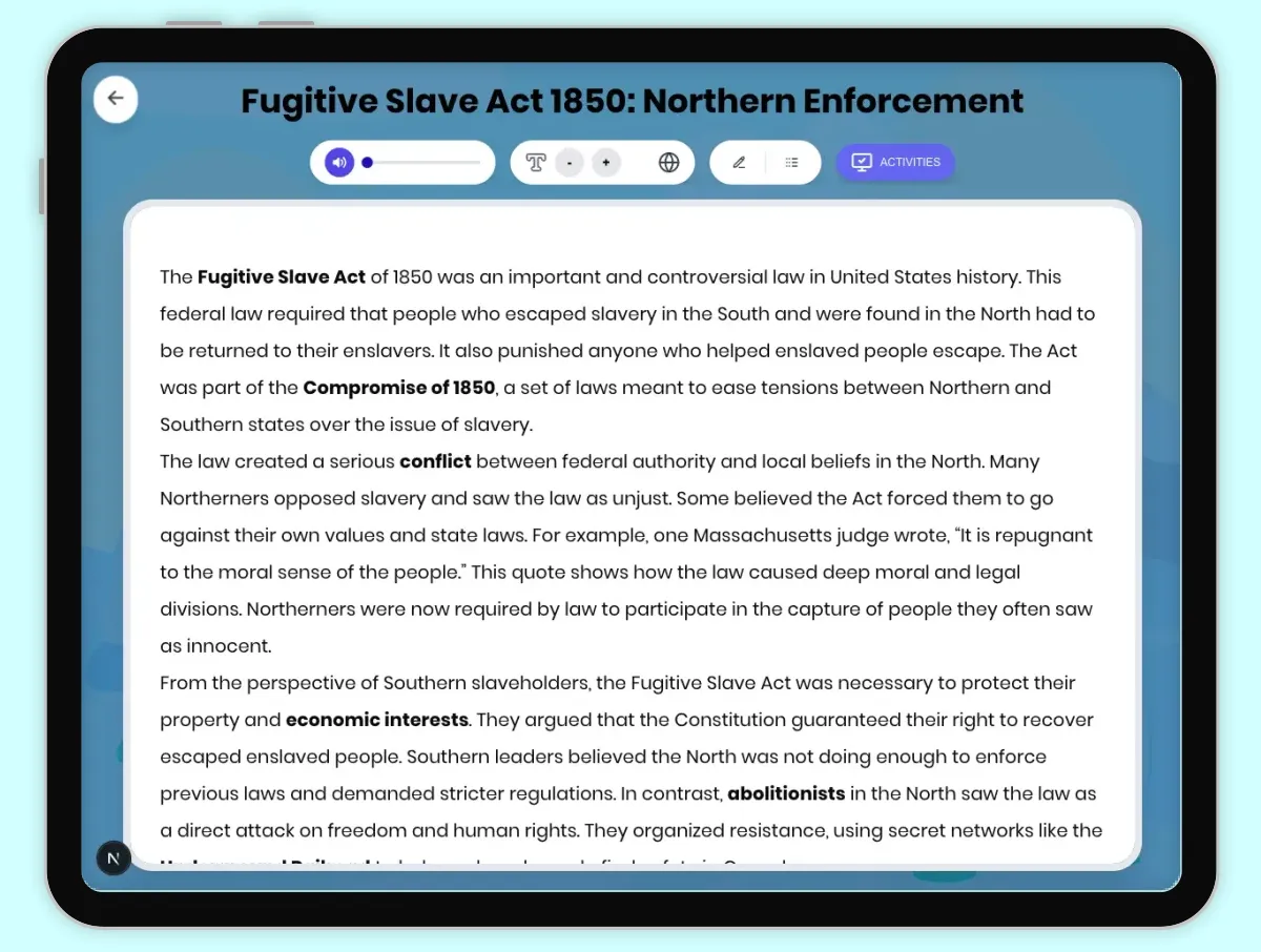 Interactive — Reading Comprehension preview: Fugitive Slave Act 1850: Northern Enforcement covering D2.HIS.2.3-5, D2.HIS.3.3-5, RI.4.3, RI.4.4, W.4.2 standards - Page 1 of 1