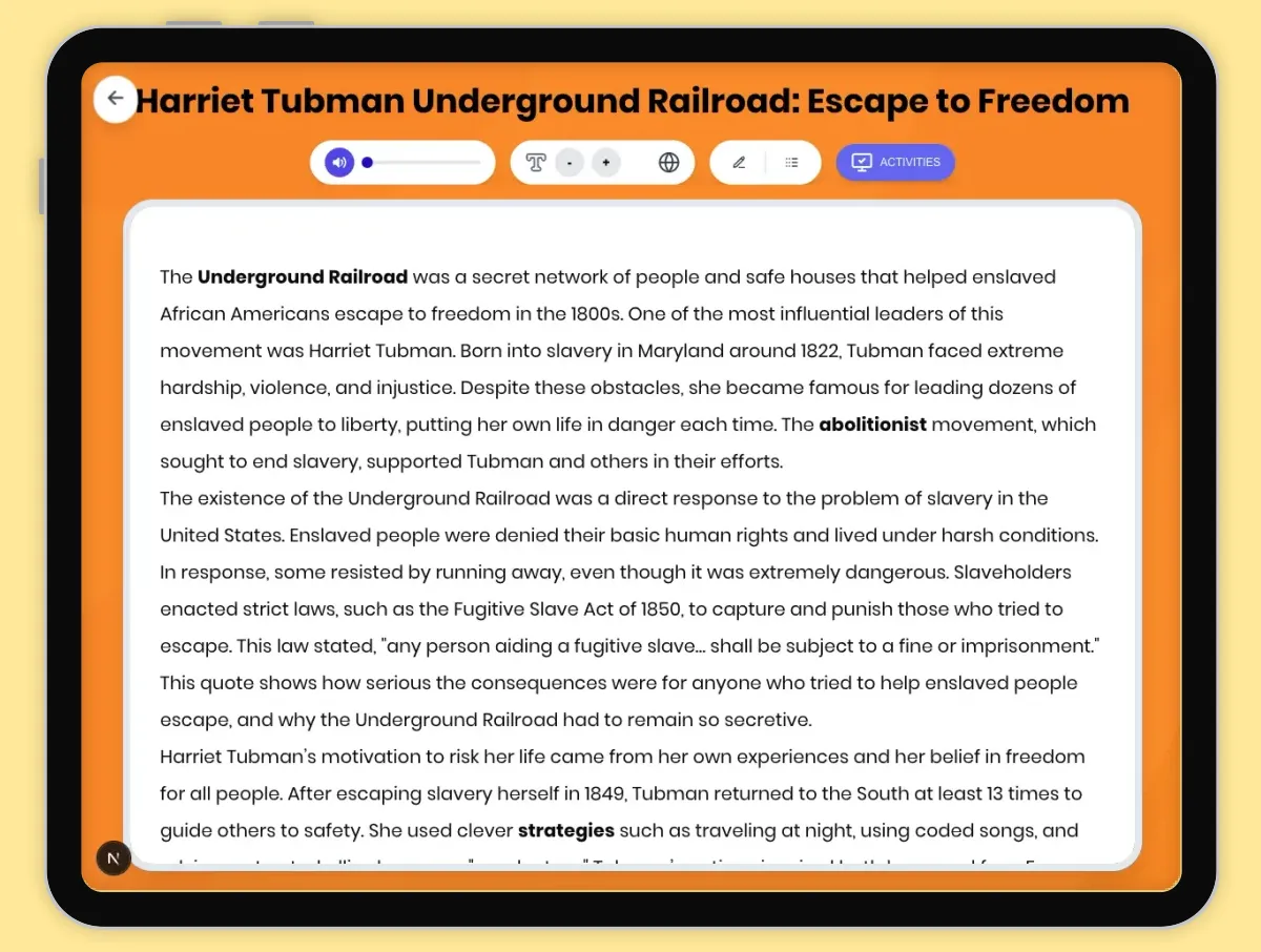 Interactive — Reading Comprehension preview: Harriet Tubman Underground Railroad: Escape to Freedom covering D2.HIS.2.3-5, D2.HIS.3.3-5, RI.4.3, RI.4.4, W.4.2 standards - Page 1 of 1