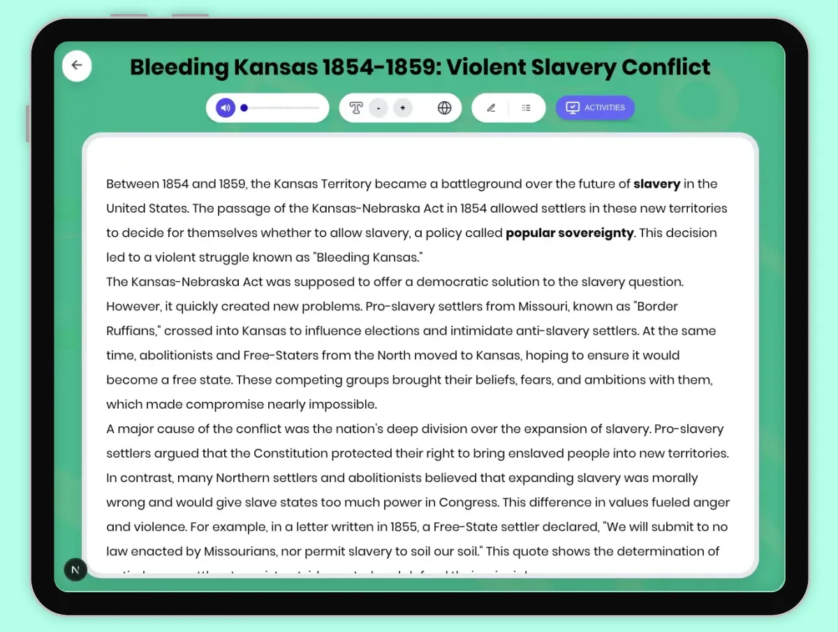 Interactive — Reading Comprehension preview: Bleeding Kansas 1854-1859: Violent Slavery Conflict covering D2.HIS.2.3-5, D2.HIS.3.3-5, RI.4.3, RI.4.4, W.4.2 standards - Page 1 of 1