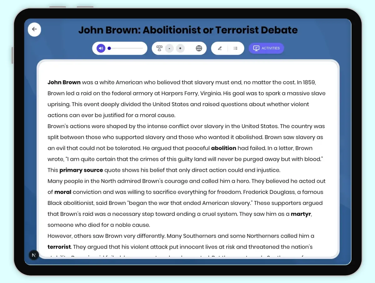 Interactive — Reading Comprehension preview: John Brown: Abolitionist or Terrorist Debate covering D2.HIS.2.3-5, D2.HIS.3.3-5, RI.4.3, RI.4.4, W.4.2 standards - Page 1 of 1