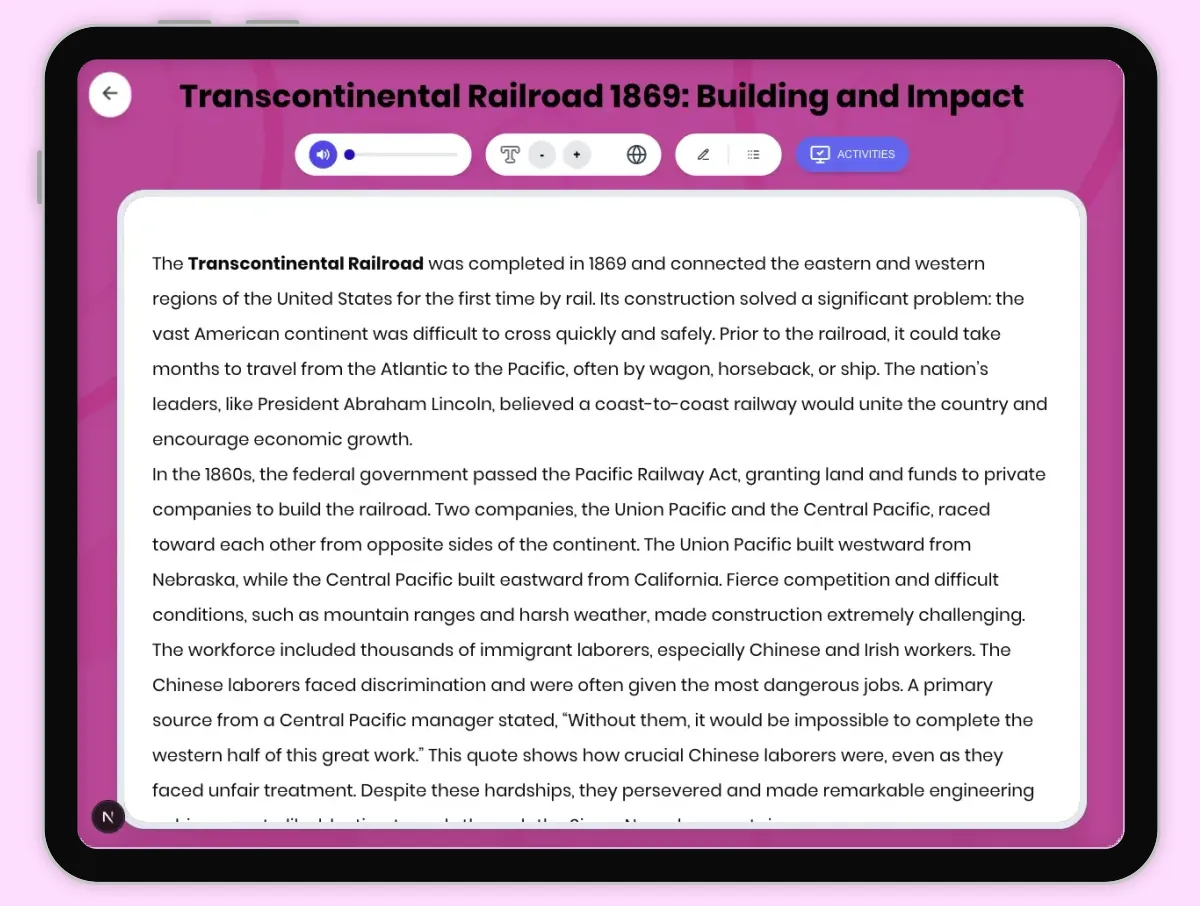 Interactive — Reading Comprehension preview: Transcontinental Railroad 1869: Building and Impact covering D2.HIS.2.3-5, D2.HIS.3.3-5, RI.4.3, RI.4.4, W.4.2 standards - Page 1 of 1
