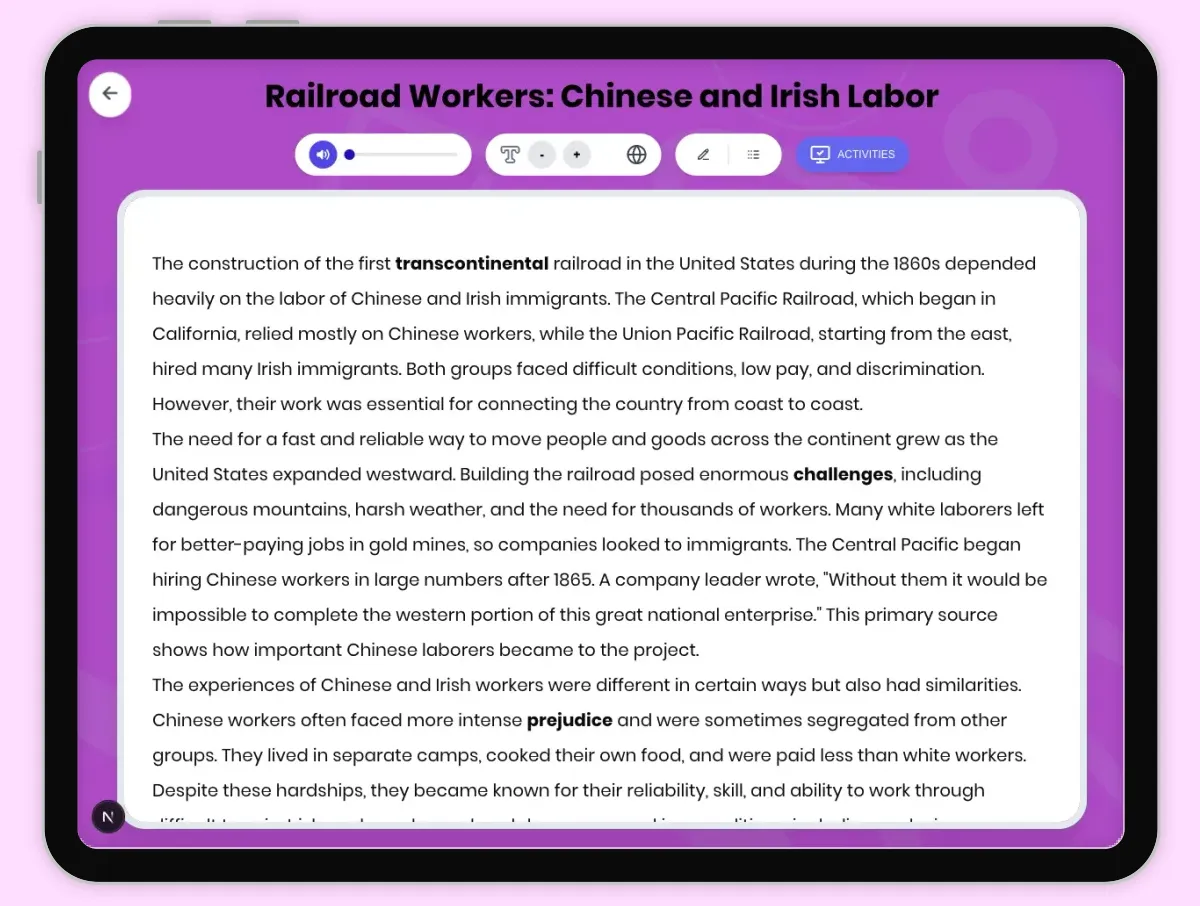 Interactive — Reading Comprehension preview: Railroad Workers: Chinese and Irish Labor covering D2.HIS.2.3-5, D2.HIS.3.3-5, RI.4.3, RI.4.4, W.4.2 standards - Page 1 of 1