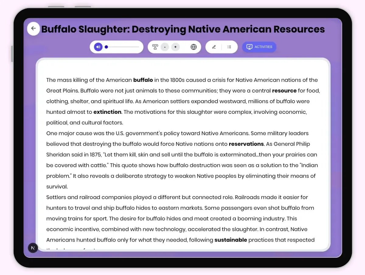 Interactive — Reading Comprehension preview: Buffalo Slaughter: Destroying Native American Resources covering D2.HIS.2.3-5, D2.HIS.3.3-5, RI.4.3, RI.4.4, W.4.2 standards - Page 1 of 1