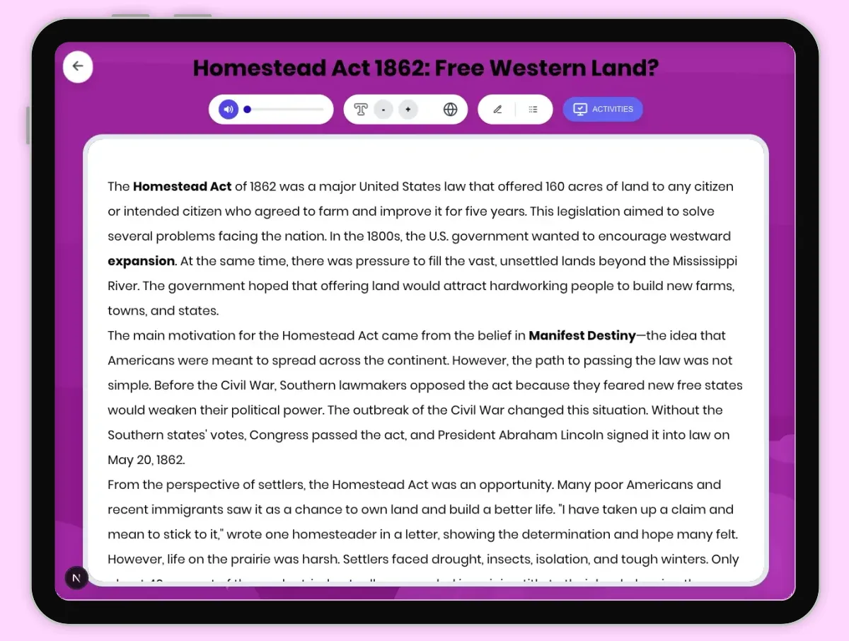 Interactive — Reading Comprehension preview: Homestead Act 1862: Free Western Land? covering D2.HIS.2.3-5, D2.HIS.3.3-5, RI.4.3, RI.4.4, W.4.2 standards - Page 1 of 1