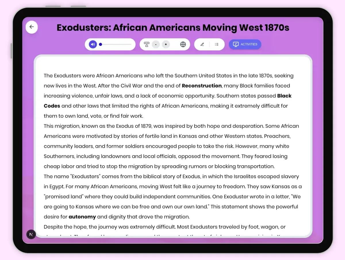 Interactive — Reading Comprehension preview: Exodusters: African Americans Moving West 1870s covering D2.HIS.2.3-5, D2.HIS.3.3-5, RI.4.3, RI.4.4, W.4.2 standards - Page 1 of 1